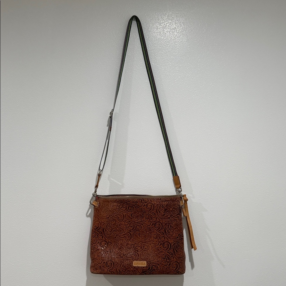 Consuela Brown Leather Floral Crossbody Bag